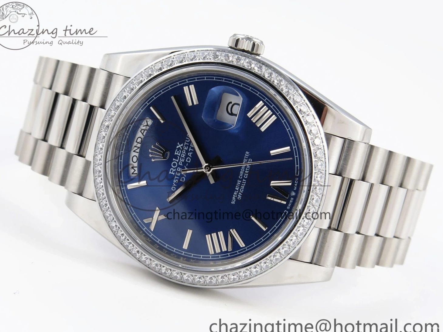 MiroTime 0523 QuickDry DayDate 40 SS GSF Gain Weight Blue Roman Dial Diamonds Bezel on President Bracelet A 1917